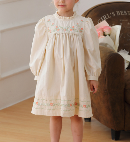 Arrival Autumn Girls Ruffle Neck Long Sleeves Flowers Embroidery Dress-0