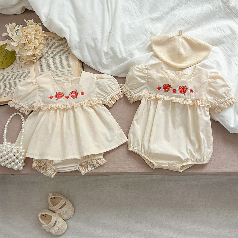 Arrival Summer Baby Kids Girls Flowers Pattern Embroidery Short Sleeves Square Neck Dress And Bloomers Sets And bodysuit – Princess Sister Matching Set-0