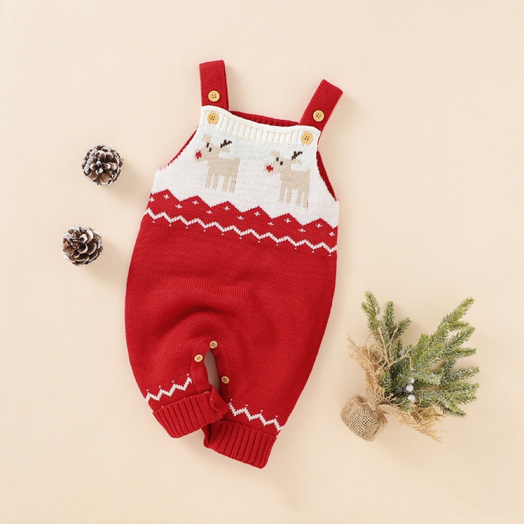 Baby Christmas Elk Pattern Strappy Design Sweater Rompers-0