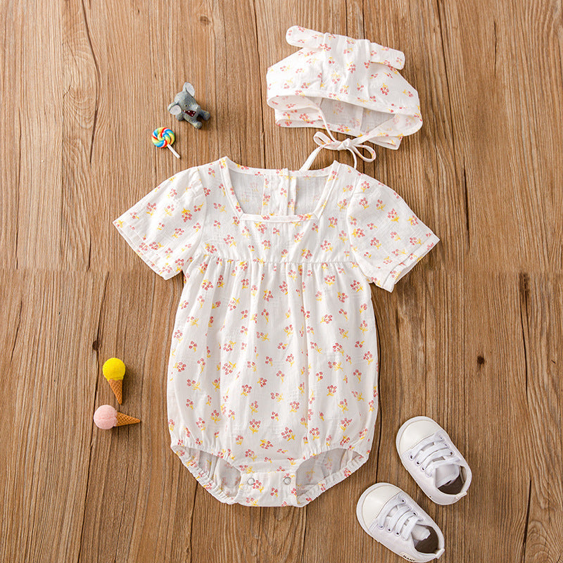 Baby Girl Floral Print Square Collar bodysuit With Hat-1