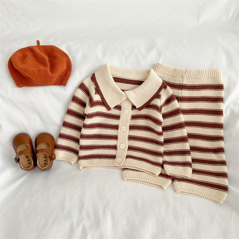 Baby Striped Pattern Lapel Knitted Cardigan or Pants-2