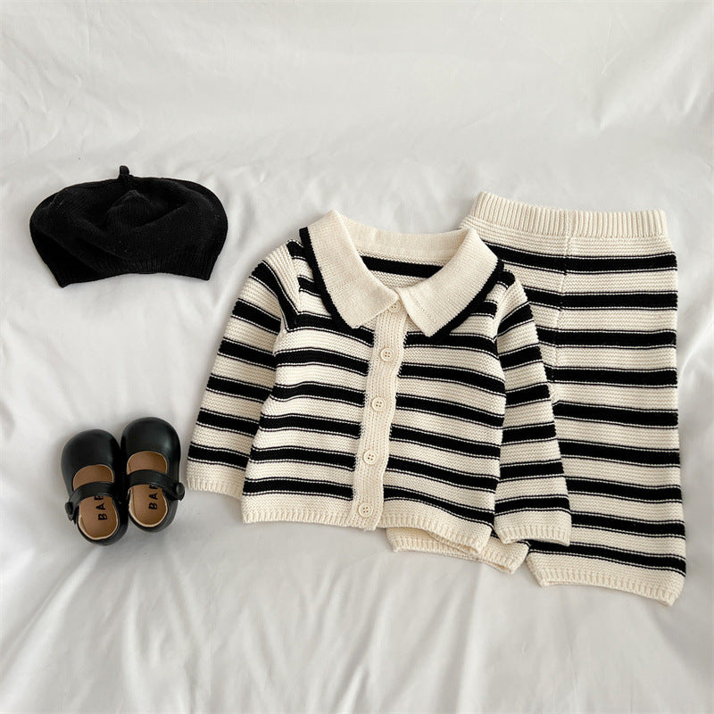 Baby Striped Pattern Lapel Knitted Cardigan or Pants-3