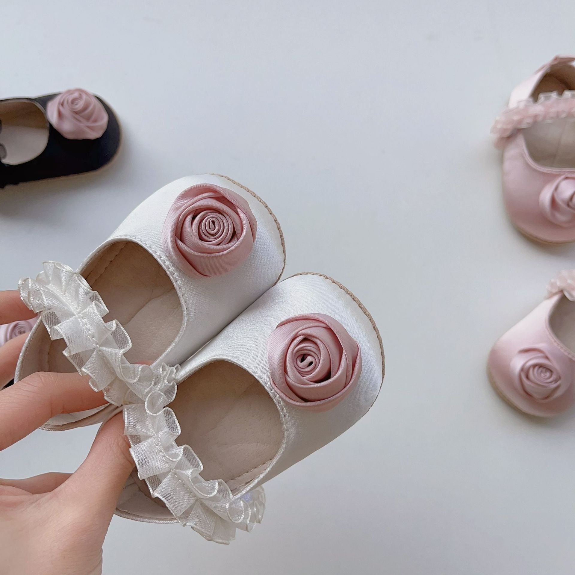 Arrival Baby Girl 3D Flower Ruffle Lace Toddler Soft-Sole Anti-Slip Walking Shoes-4