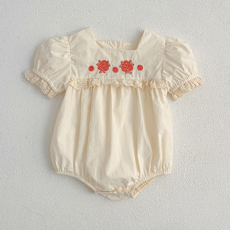 Arrival Summer Baby Kids Girls Flowers Pattern Embroidery Short Sleeves Square Neck Dress And Bloomers Sets And bodysuit – Princess Sister Matching Set-2