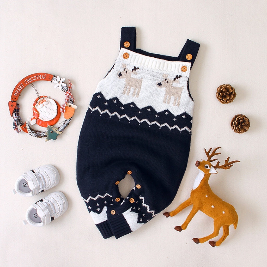 Baby Christmas Elk Pattern Strappy Design Sweater Rompers-4